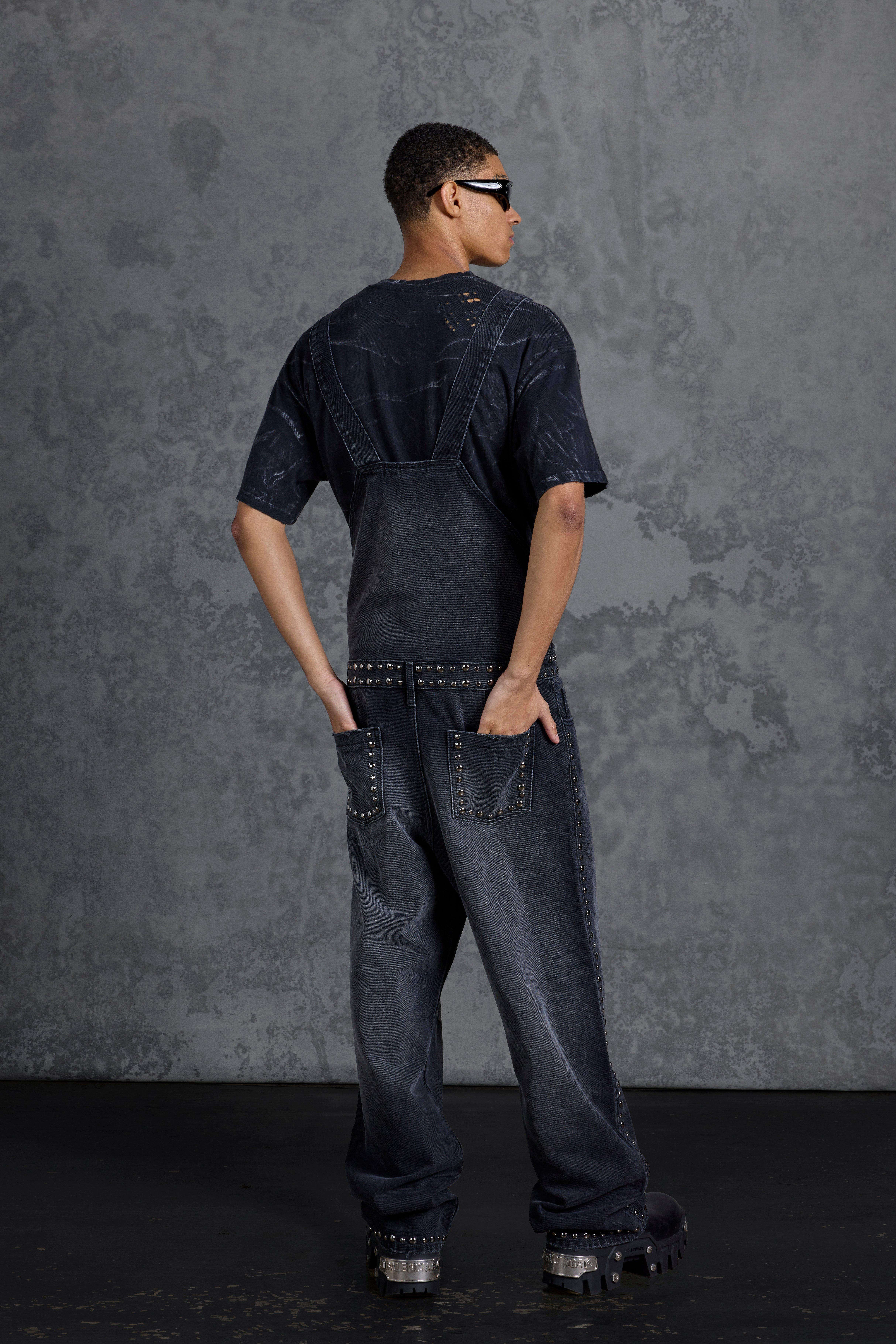 P Star Wide Leg Denim Dungarees With Stud Detail boohoo CA
